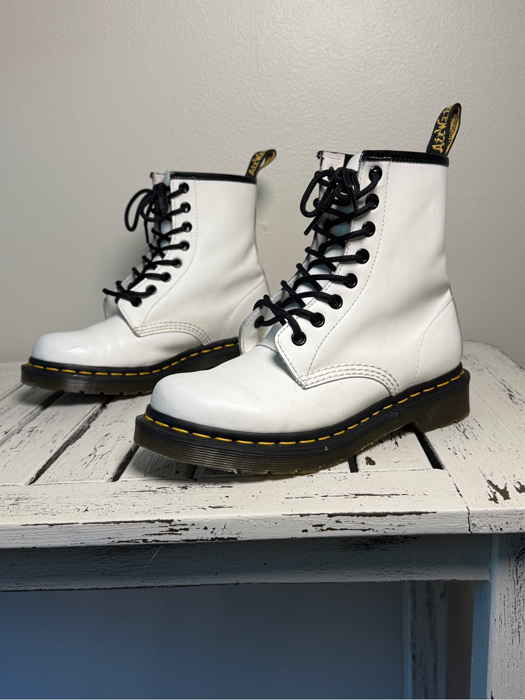 Dr. Martens 1460 8 Eye White Lace-Up Combat Boots With Black Trim